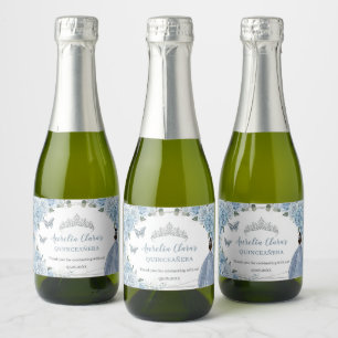 Baby Blue Bloemige Prinses Quinceañera Verjaardag Sparkling Wijnetiket