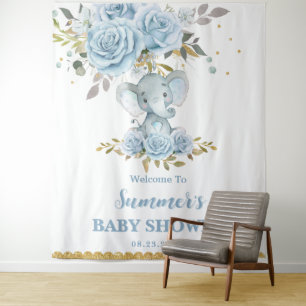 Baby Blue Bloemige Schattige Olifant Jongen Baby S Wandkleed