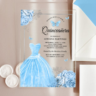 Baby Blue Bloemvlinder Zilver Quinceanera Acryl Uitnodigingen