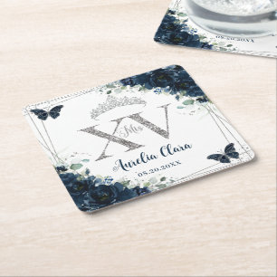 Baby Blue Bloemvlinder Zilver Quinceañera XV Kartonnen Onderzetters
