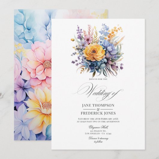 Baby Blue, Botercreme Geel, Pastel Roze Bruiloft Kaart (Voorkant / Achterkant)