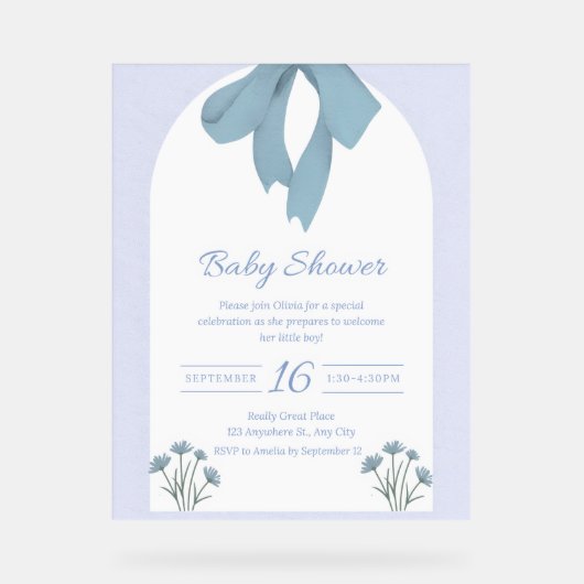 Baby Blue Bow Baby shower Acryl Bord (Voorkant)