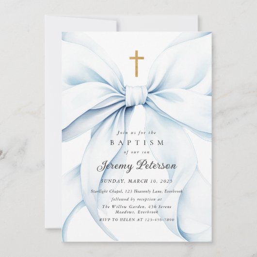 Baby Blue Bow doop uitnodiging (Voorkant)