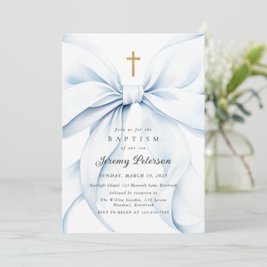 Baby Blue Bow doop uitnodiging (Staand voorkant)