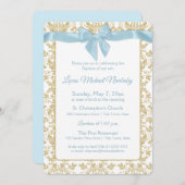 Baby Blue Bow en Gold Damask doop Kaart (Voorkant / Achterkant)