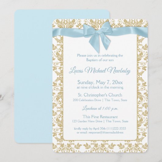 Baby Blue Bow en Gold Damask doop Kaart (Voorkant / Achterkant)
