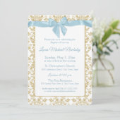 Baby Blue Bow en Gold Damask doop Kaart (Staand voorkant)
