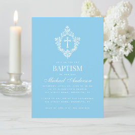 Baby Blue Boy Baptism Cross Crest Elegant Vintage Kaart