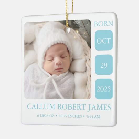 Baby Blue Boy Birth Stats Ornament met Foto (Links)