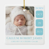 Baby Blue Boy Birth Stats Ornament met Foto (Achterkant)
