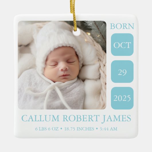 Baby Blue Boy Birth Stats Ornament met Foto (Voorkant)