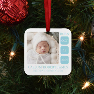 Baby Blue Boy Birth Stats Ornament met Foto