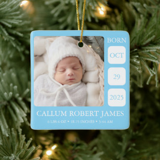 Baby Blue Boy Geboorte Statistieken Sieraad met Fo Keramisch Ornament