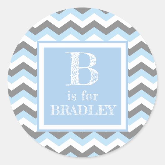 Baby Blue Chevron en Grijze Aangepast Ronde Sticker (Voorkant)
