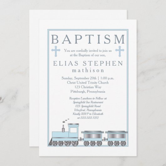 Baby Blue Choo Choo Train Boy Baptisme Kaart (Voorkant / Achterkant)