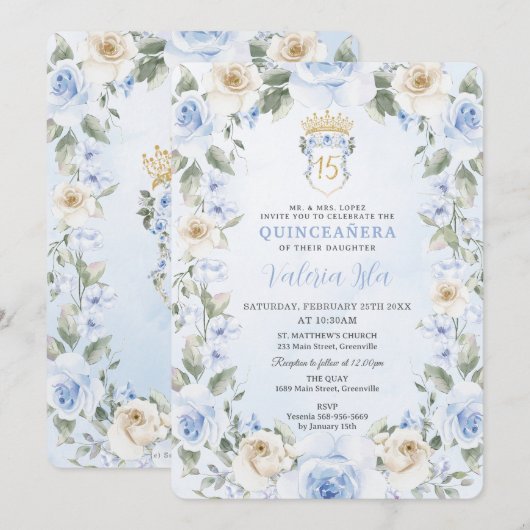 Baby Blue Cream Bloemen Krans Goud Quinceañera Kaart (Voorkant / Achterkant)