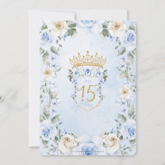 Baby Blue Cream Bloemen Krans Goud Quinceañera Kaart (Achterkant)