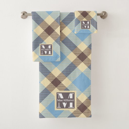 Baby Blue Cream Brown Retro Pset Monogram Naam Bad Handdoek (Insitu)