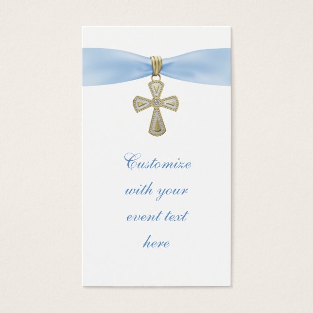 Baby Blue Cross Bomboniere Labels Visitekaartjes (Voorkant)