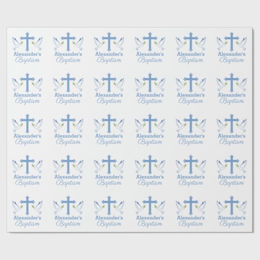 Baby Blue Custom Name Baptisme met Cross en Doves Cadeaupapier (Vlak)