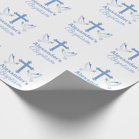 Baby Blue Custom Name Baptisme met Cross en Doves Cadeaupapier (Hoek)