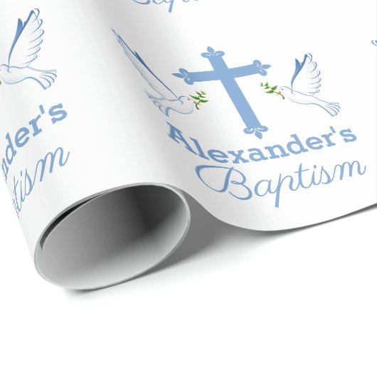 Baby Blue Custom Name Baptisme met Cross en Doves Cadeaupapier (Rol Hoek)