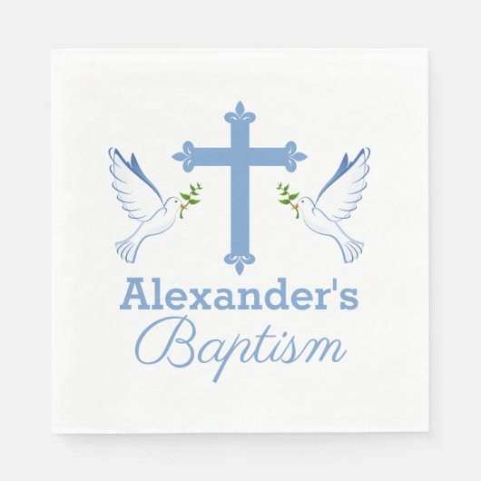Baby Blue Custom Name Baptisme met Cross en Doves Servet (Voorkant)
