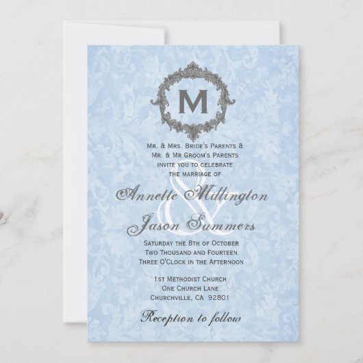 Baby Blue Damask Grey  Monogram Weddenschap Kaart (Voorkant)