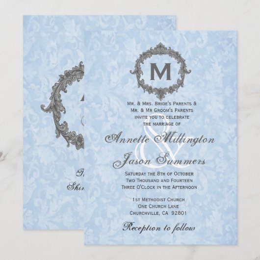 Baby Blue Damask Grey  Monogram Weddenschap Kaart (Voorkant / Achterkant)