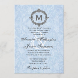 Baby Blue Damask Grey Monogram Weddenschap Kaart