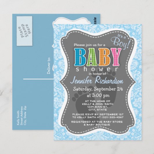 Baby Blue Damask-patroon Briefkaart (Voorkant / Achterkant)