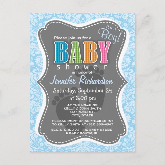 Baby Blue Damask-patroon Briefkaart (Voorkant)