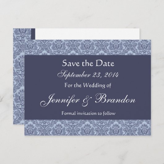 Baby Blue & Denim Damask Save The Date Briefkaart (Voorkant / Achterkant)