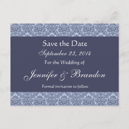 Baby Blue & Denim Damask Save The Date Briefkaart (Voorkant)