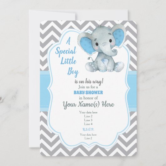 Baby Blue Elephant Baby shower Invitation Chevron Kaart (Voorkant)