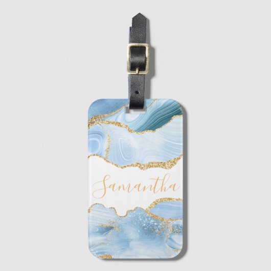 Baby Blue en Faux Gold Glitter Marble Agate Bagagelabel (Voorkant (verticaal))