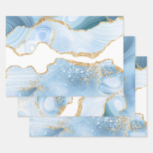 Baby Blue en Faux Gold Glitter Marble Agate Inpakpapier Vel