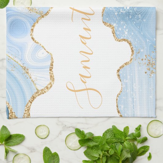 Baby Blue en Faux Gold Glitter Marble Agate Theedoek (Gevouwen)