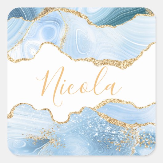 Baby Blue en Faux Gold Glitter Marble Agate Vierkante Sticker (Voorkant)