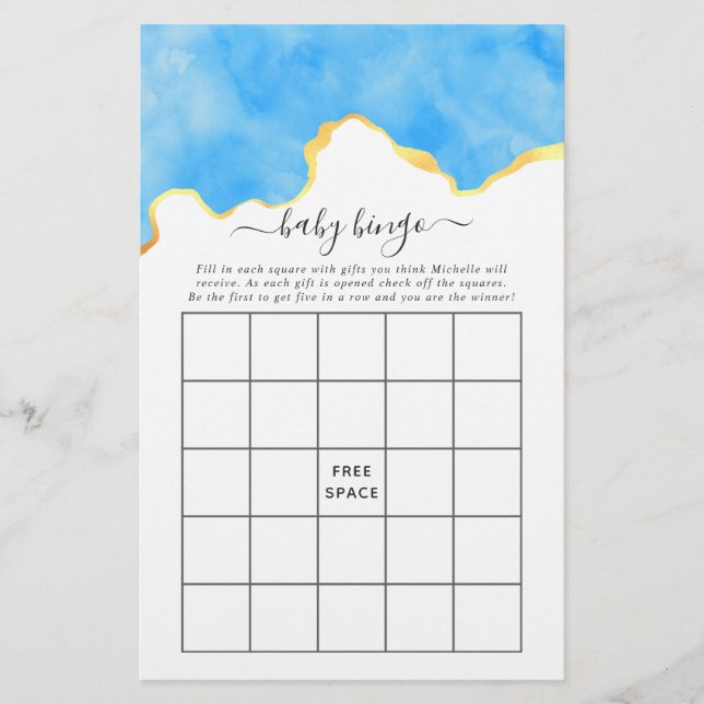 Baby Blue en Gold Agate Boy Baby shower Bingo (Voorkant)