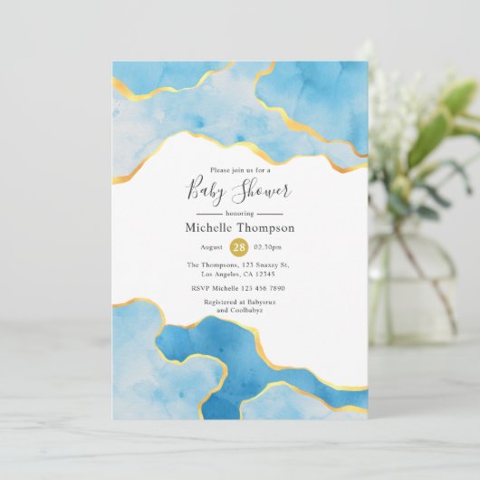 Baby Blue en Gold Agate Boy Baby shower Kaart (Staand voorkant)