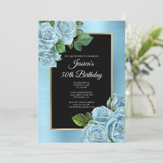 Baby Blue en Gold Roos Glam 50e verjaardag Kaart (Staand voorkant)