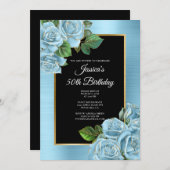 Baby Blue en Gold Roos Glam 50e verjaardag Kaart (Voorkant / Achterkant)