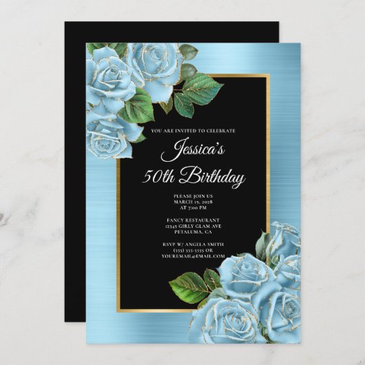 Baby Blue en Gold Roos Glam 50e verjaardag Kaart (Voorkant / Achterkant)