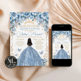 Baby Blue en Gouden Bloemenkrans Quinceañera Kaart