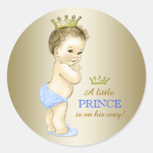 Baby Blue en Gouden Prins Baby Shower Ronde Sticker