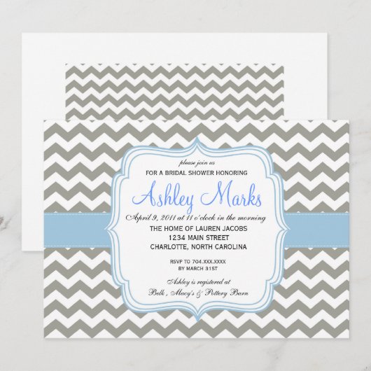 Baby Blue en Gray Chevron Invitation Kaart (Voorkant / Achterkant)