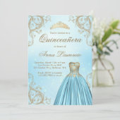 Baby Blue en Light Gold Quinceanera Kaart (Staand voorkant)