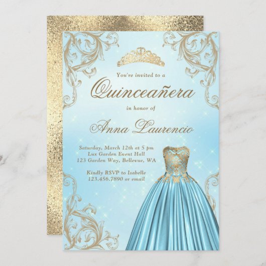 Baby Blue en Light Gold Quinceanera Kaart (Voorkant / Achterkant)