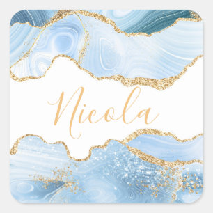 Baby Blue en namaak goud glittersparel agaat Vierkante Sticker